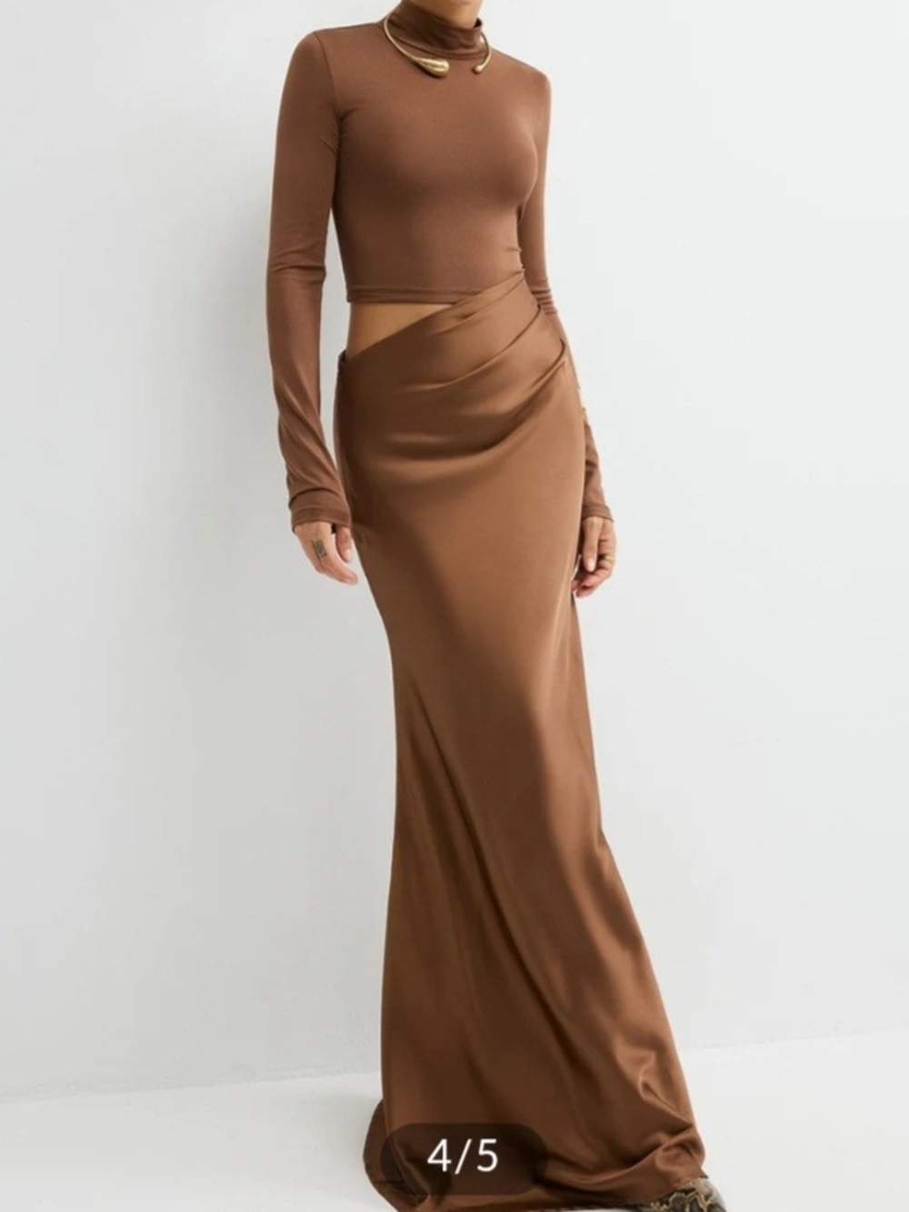 Brown Satin Draped Maxi Dress - Women's Dress